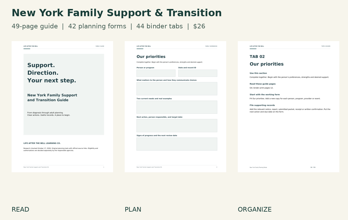 Actual New York toolkit preview showing the guide cover, priorities form and a topic divider